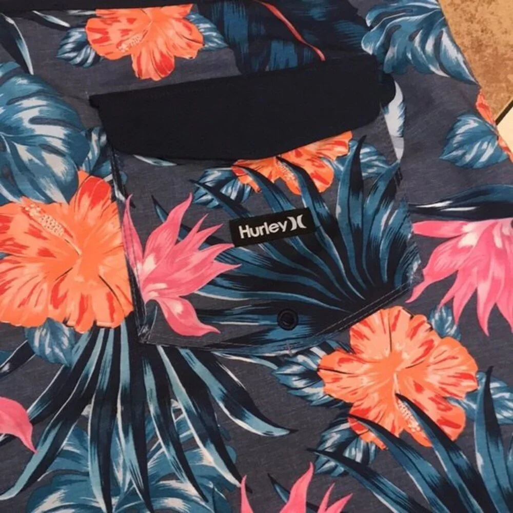 Hurley Men's Board Shorts Floral Tropical‎ Hibiscus Swim Trunks Blue 36